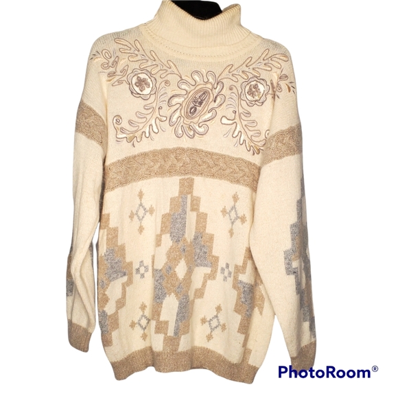 Vtg 90s turtleneck knit tunic sweater silk angora lambs wool nylon Southwestern - Picture 2 of 11